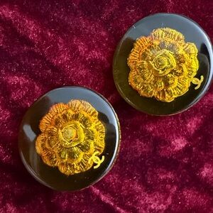 RARE! CHANEL Clip on Earrings 
Black Gold Camellia Blossom Flower
Authentic